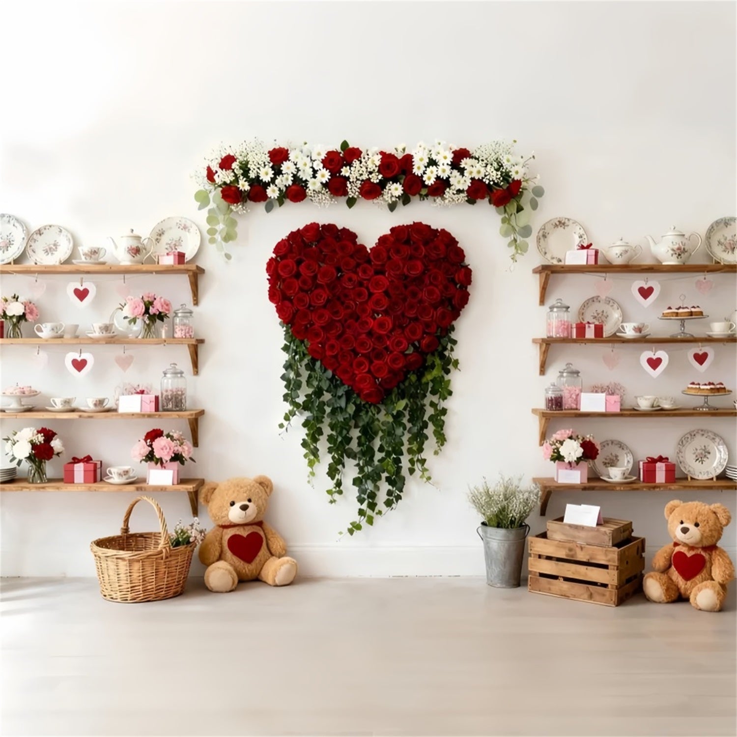 Valentine Backdrop Teddy Bears Tea Cabinet Red Rose Heart Backdrop LXX512-58