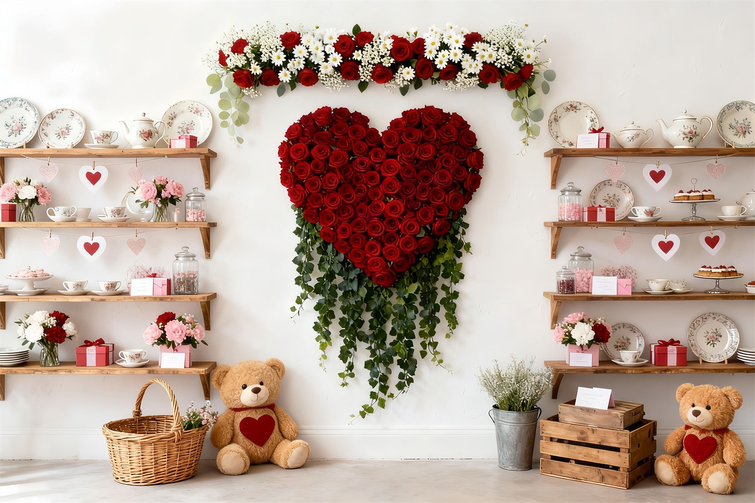 Valentine Backdrop Teddy Bears Tea Cabinet Red Rose Heart Backdrop LXX512-58