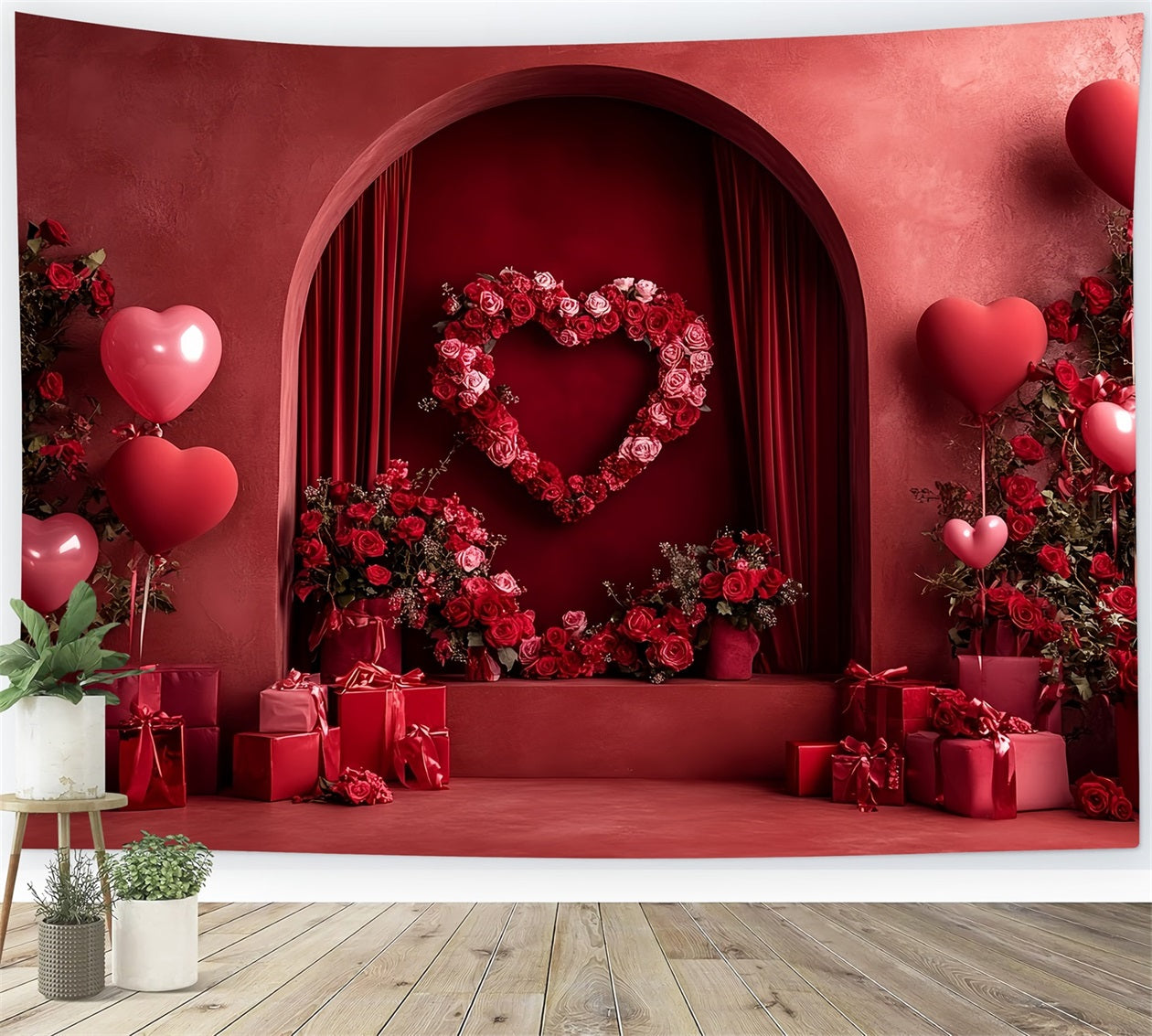 Red Roses Backdrop Love Heart Arch Alcove Heart Balloon Backdrop LXX512-59