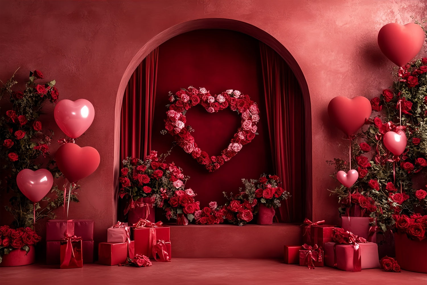 Red Roses Backdrop Love Heart Arch Alcove Heart Balloon Backdrop LXX512-59
