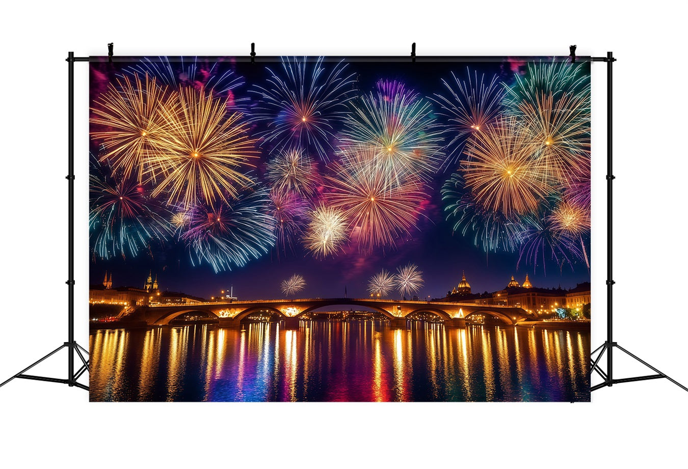 New Years Backdrops City Night River Reflection Fireworks Photo Backdrop LXX512-6