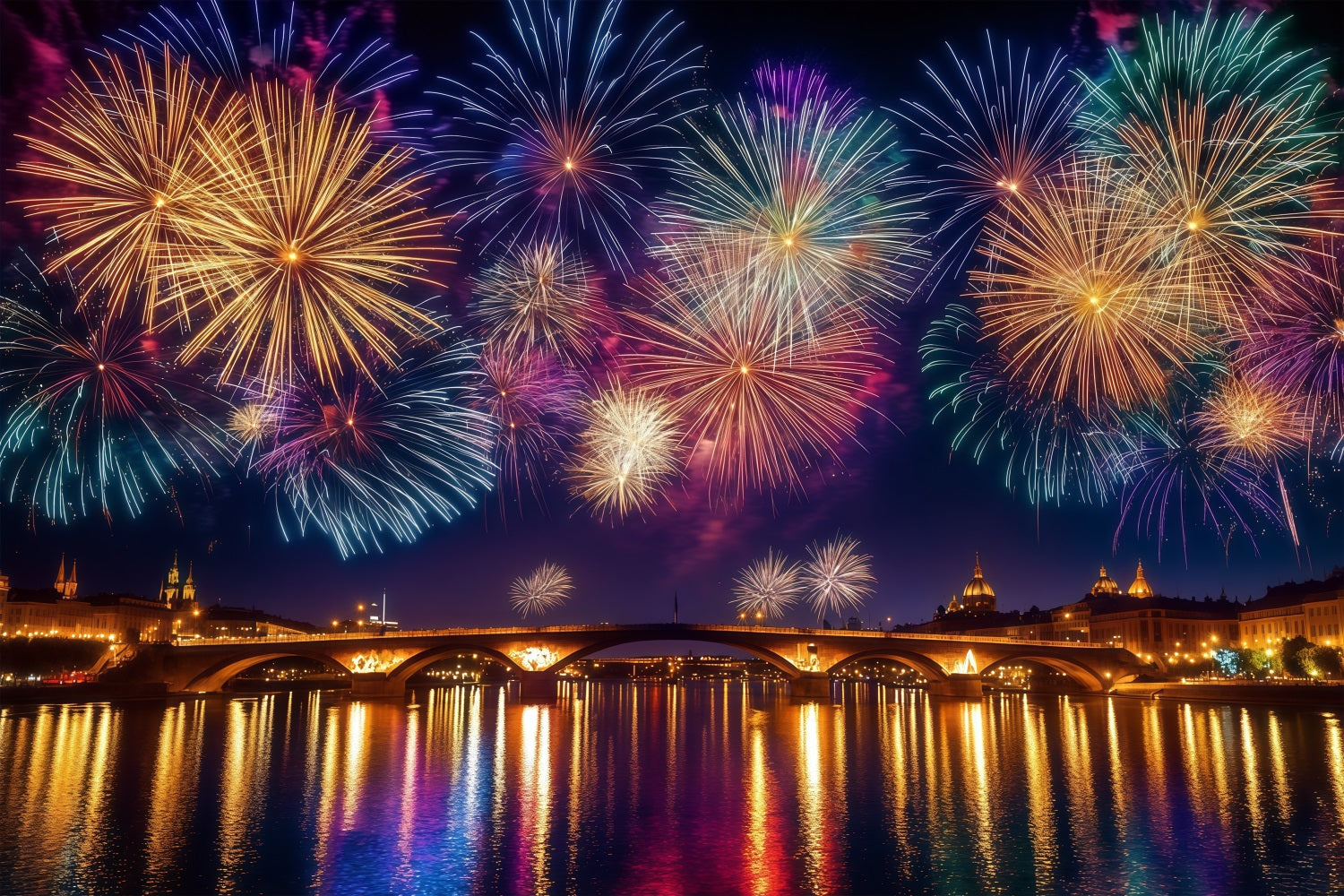 New Years Backdrops City Night River Reflection Fireworks Photo Backdrop LXX512-6