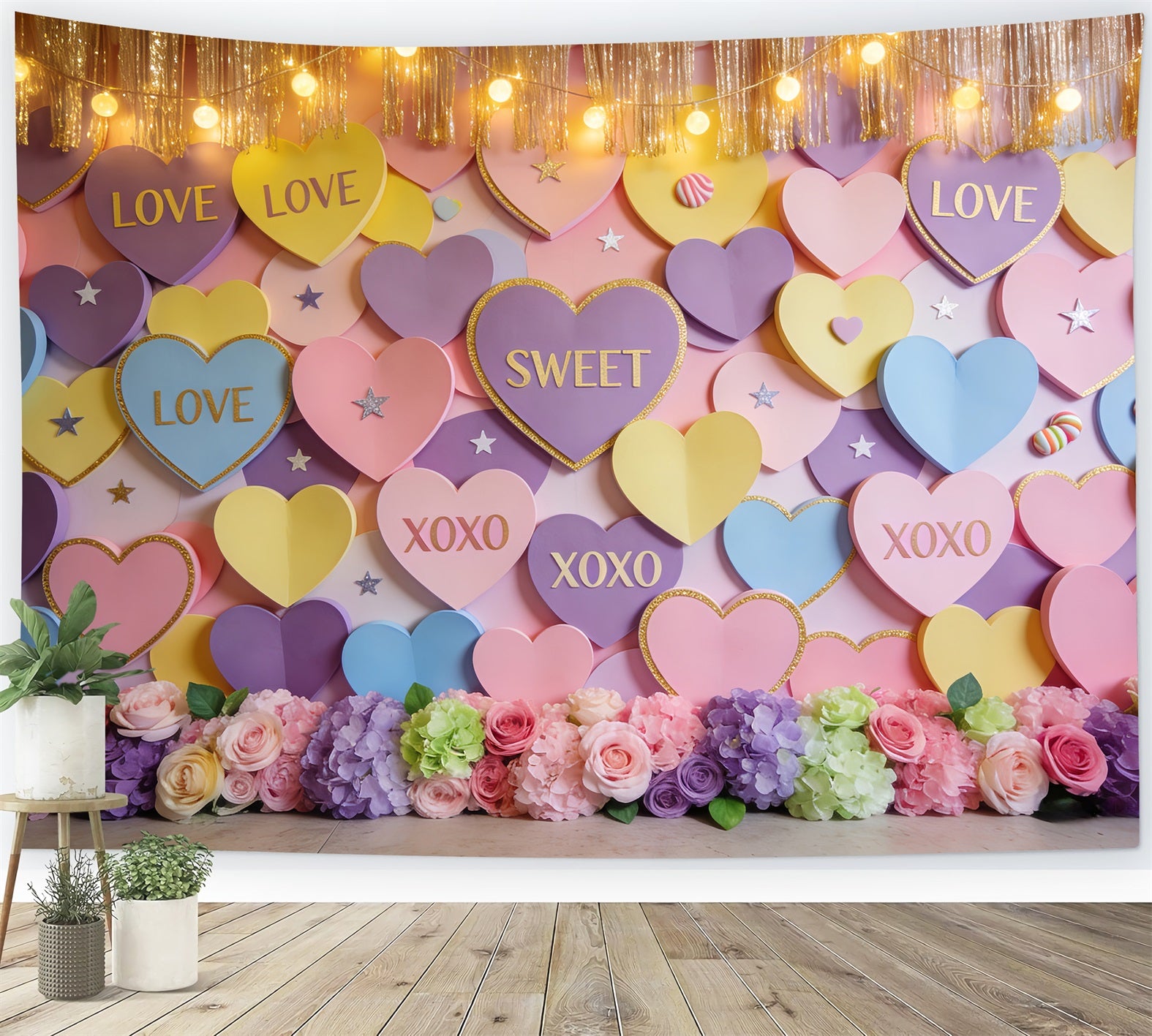 Romantic Backdrop Pastel Candy Hearts Wall Valentine Photo Backdrop LXX512-60