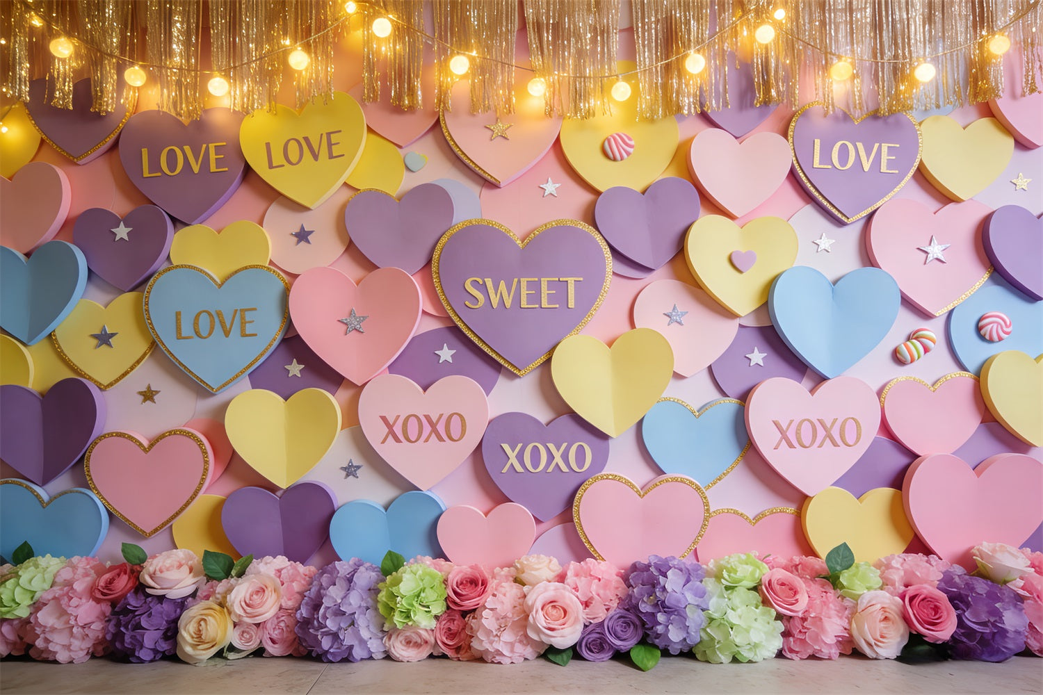 Romantic Backdrop Pastel Candy Hearts Wall Valentine Photo Backdrop LXX512-60