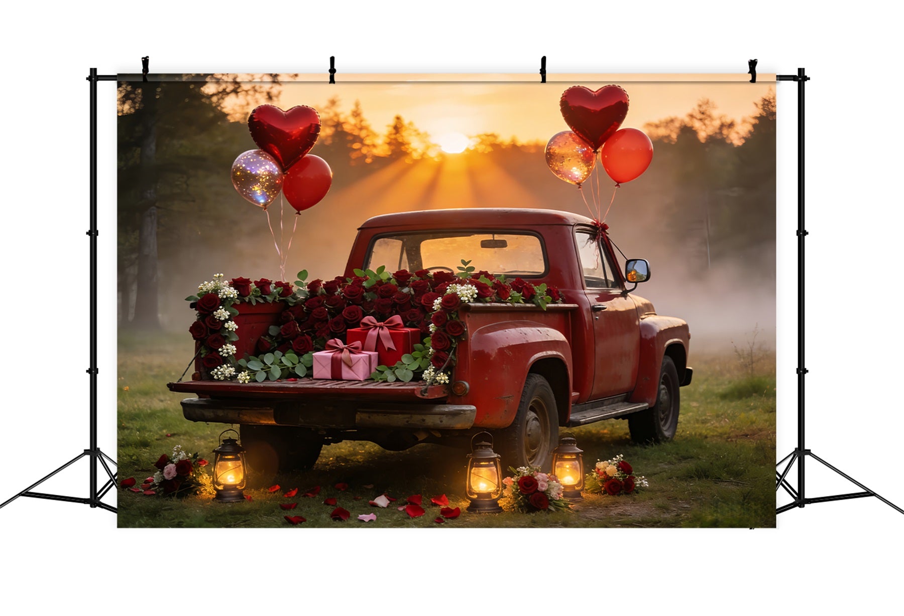 Valentine Photo Backdrop Vintage Red Truck Romance Heart Balloon Backdrop LXX512-61