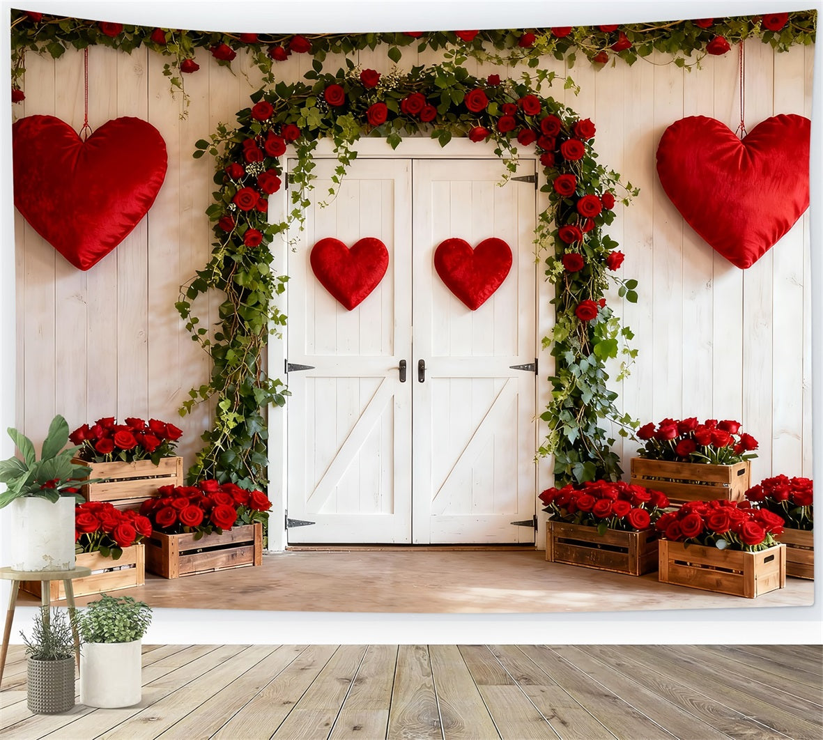 Rustic Farmhouse Valentine Backdrop Rose Floral Arch Hearts Backdrop LXX512-63
