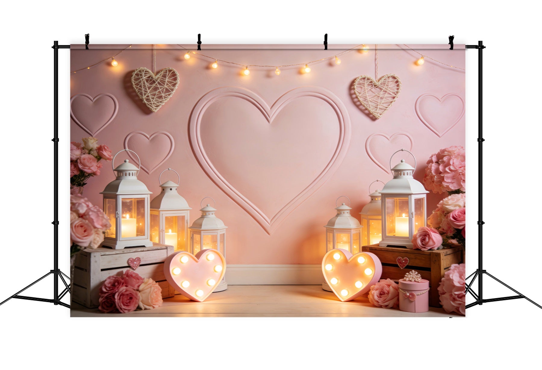 Heart Backdrop Lantern Glow Candlelight Room Pink Valentine Backdrop LXX512-65