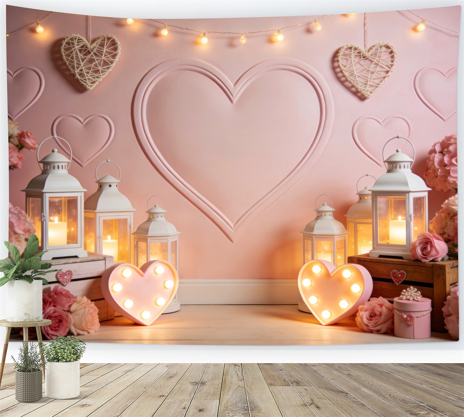 Heart Backdrop Lantern Glow Candlelight Room Pink Valentine Backdrop LXX512-65
