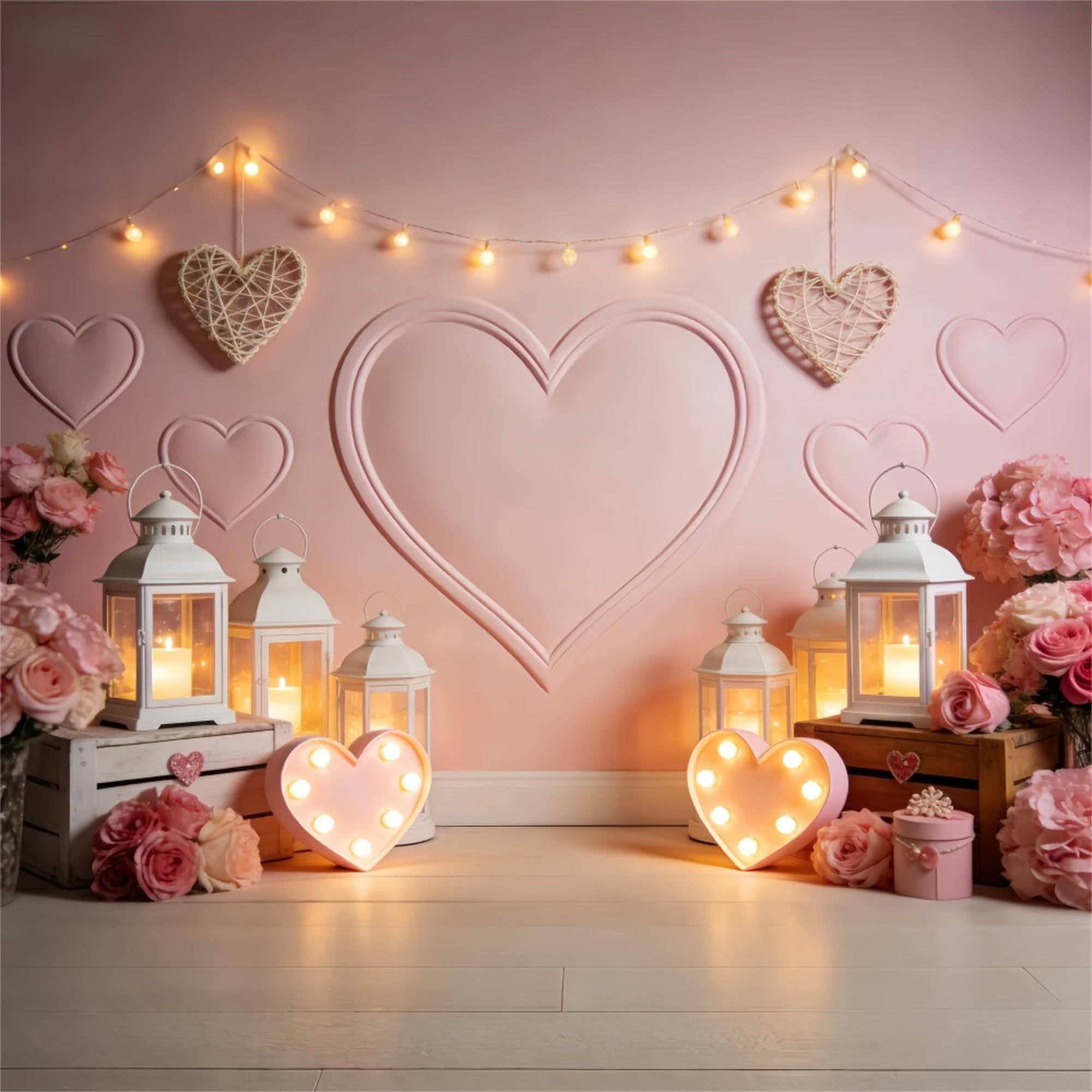 Heart Backdrop Lantern Glow Candlelight Room Pink Valentine Backdrop LXX512-65