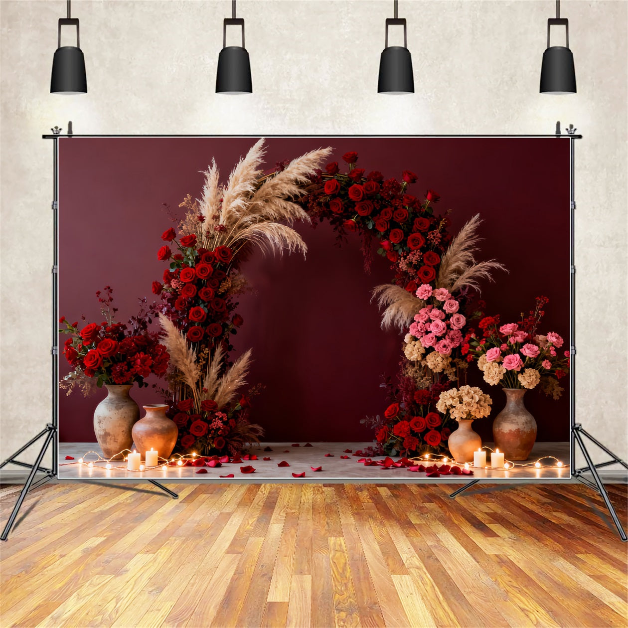 Boho Floral Valentine Backdrop Romantic Candlelight Room Red Rose Backdrop LXX512-69