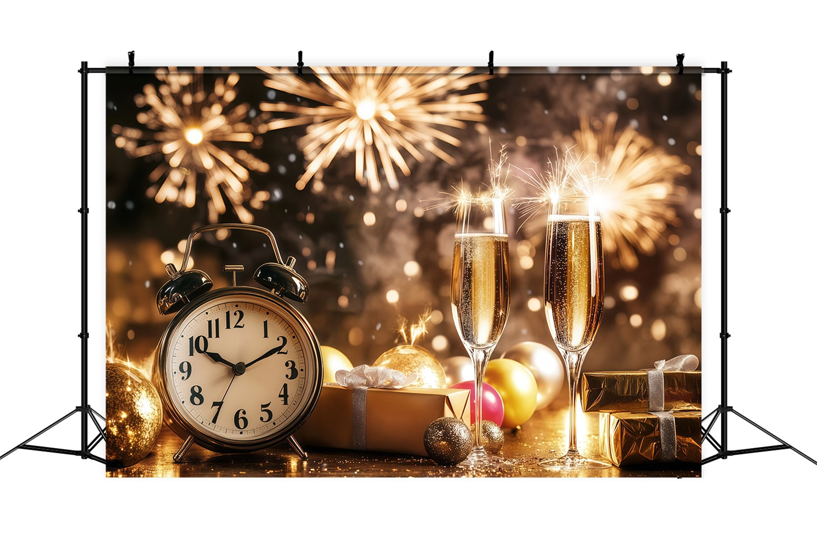New Year's Backdrops Champagne Countdown Clock Firework Gold Glitter Backdrop LXX512-7