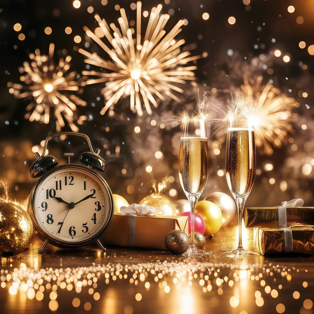 New Year's Backdrops Champagne Countdown Clock Firework Gold Glitter Backdrop LXX512-7