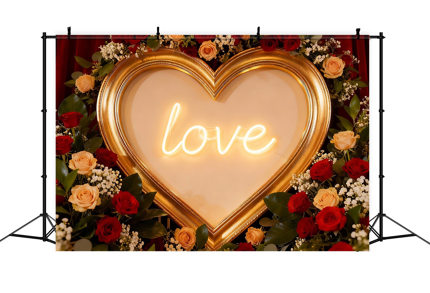 Red Roses Backdrop Neon Love Signs Floral Heart Backdrop LXX512-70