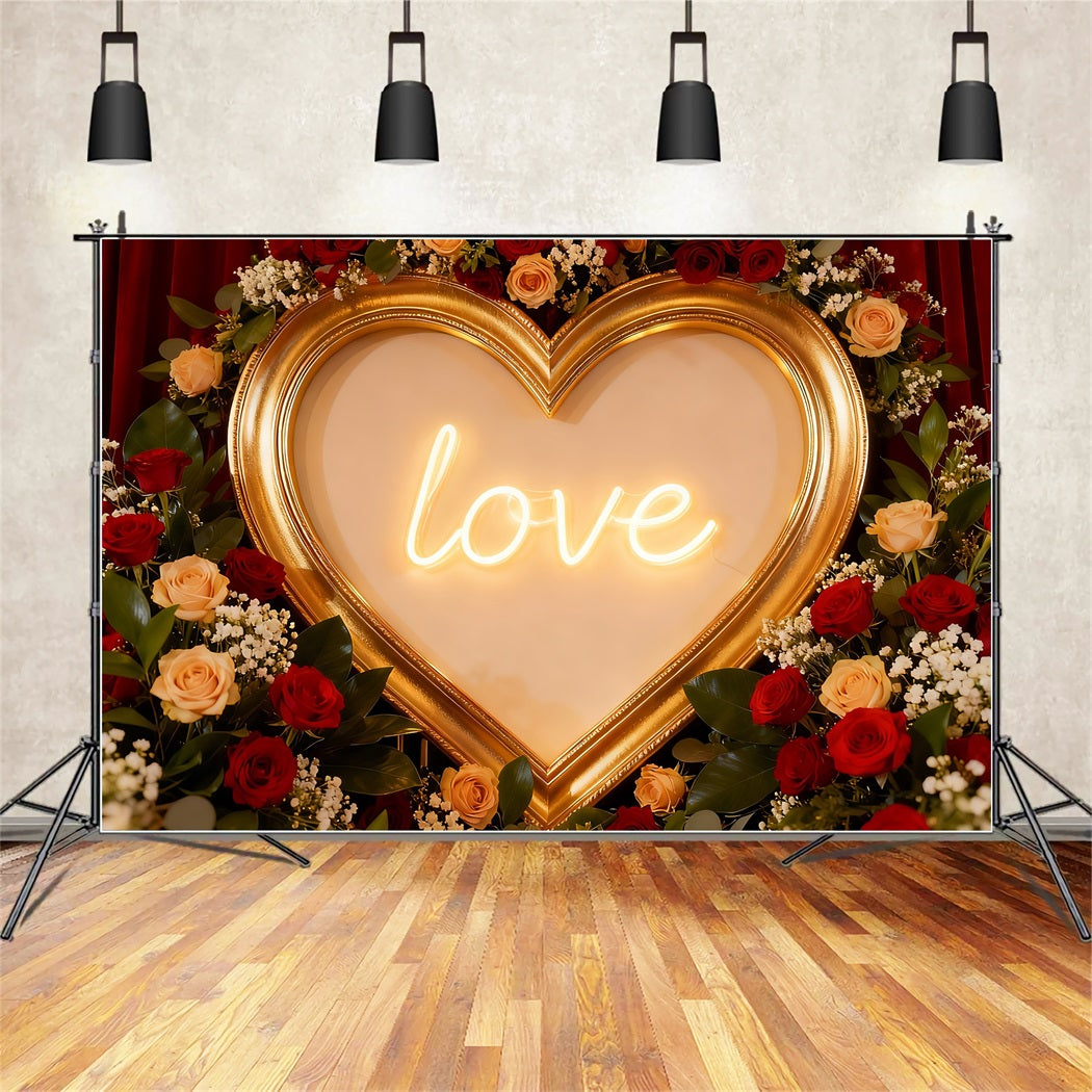 Red Roses Backdrop Neon Love Signs Floral Heart Backdrop LXX512-70