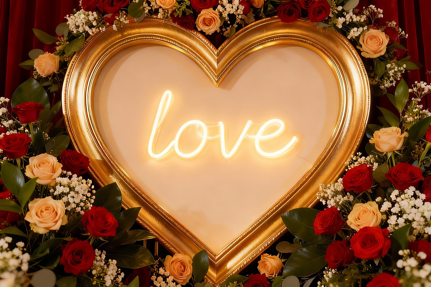 Red Roses Backdrop Neon Love Signs Floral Heart Backdrop LXX512-70