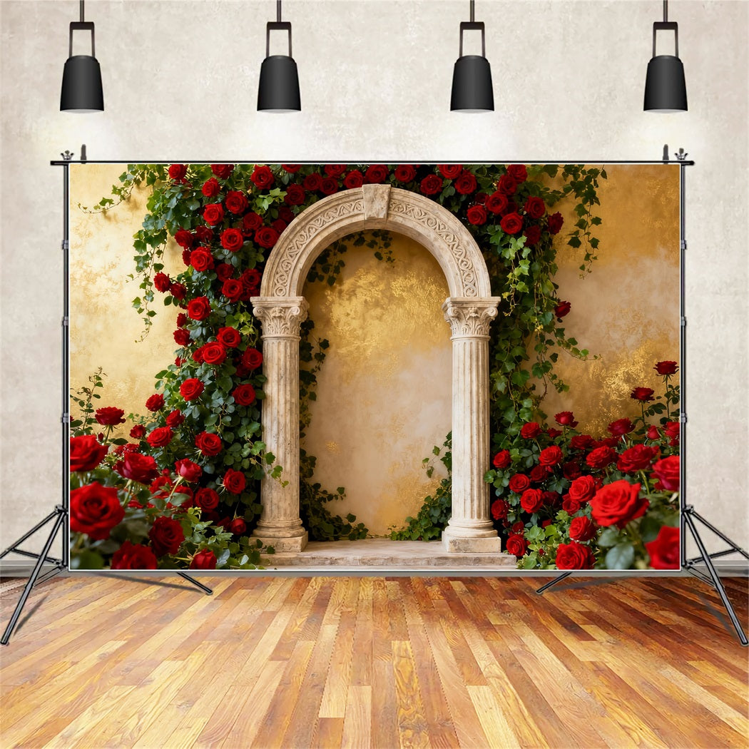 90s Valentine Backdrop Classic Garden Stone Arch Red Rose Backdrop LXX512-74