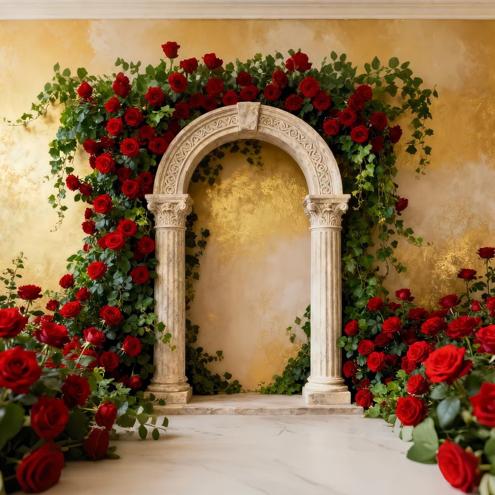90s Valentine Backdrop Classic Garden Stone Arch Red Rose Backdrop LXX512-74