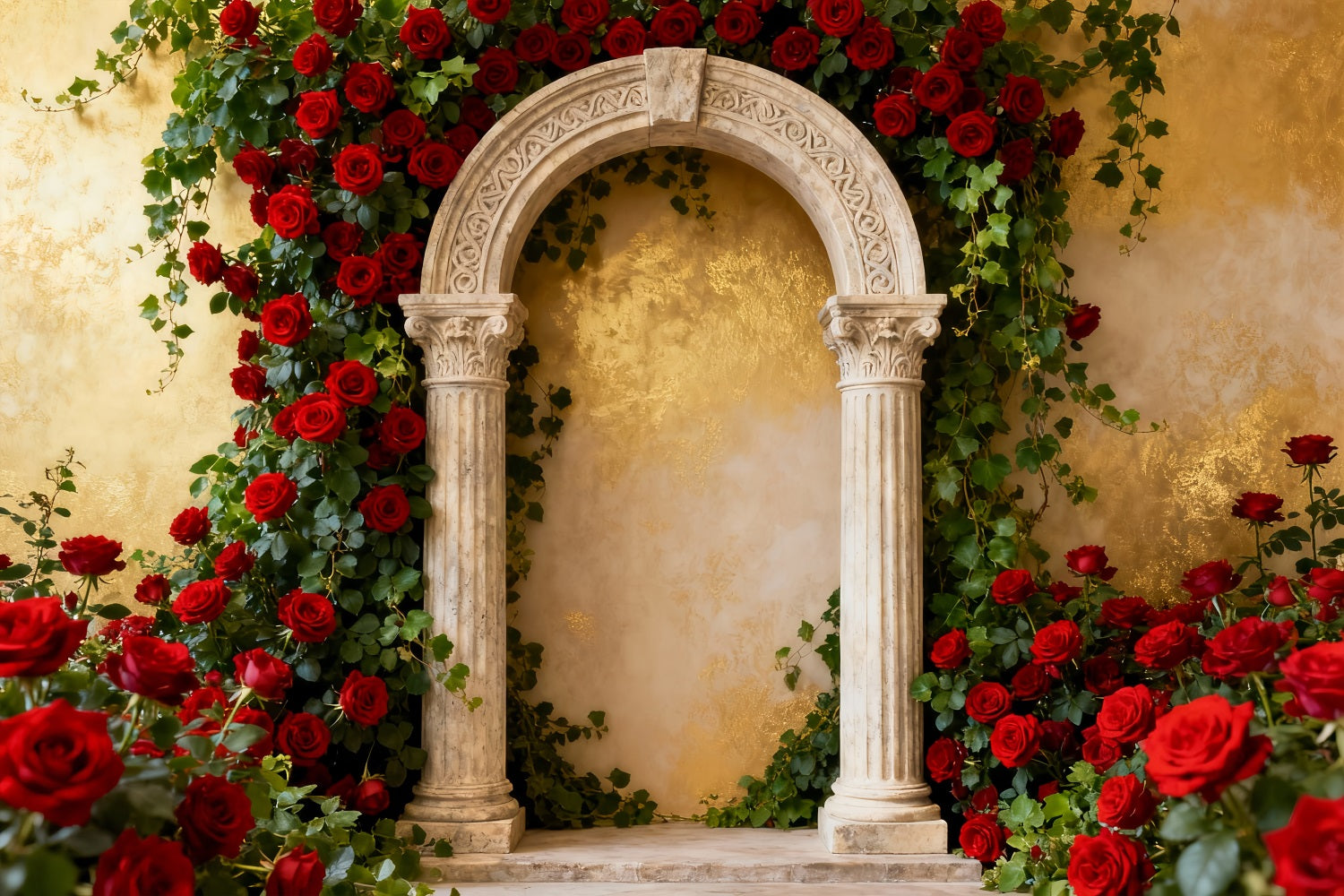 90s Valentine Backdrop Classic Garden Stone Arch Red Rose Backdrop LXX512-74