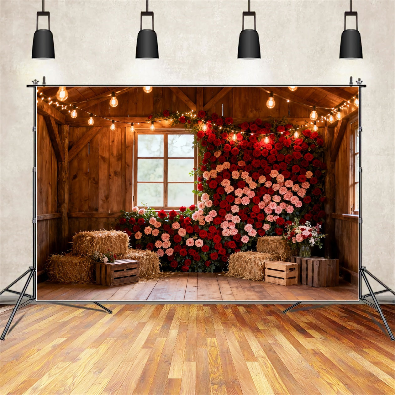 Red Rose Wall Backdrop Rustic Farmhouse Barn Valentines Day Backdrop LXX512-75
