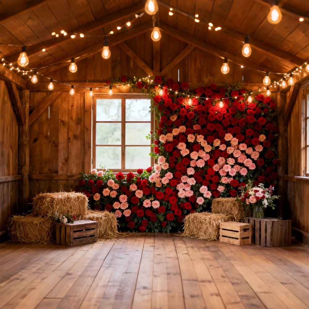 Red Rose Wall Backdrop Rustic Farmhouse Barn Valentines Day Backdrop LXX512-75