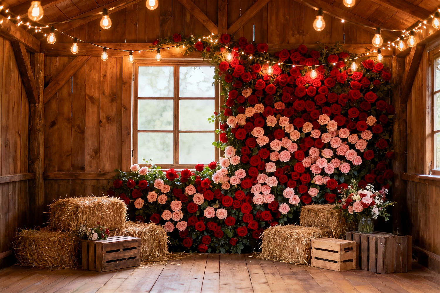Red Rose Wall Backdrop Rustic Farmhouse Barn Valentines Day Backdrop LXX512-75