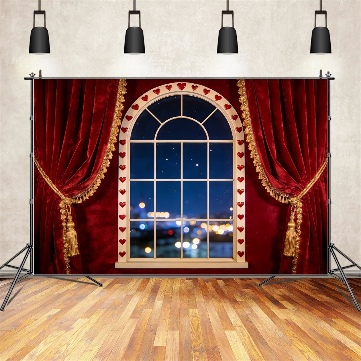 Bokeh Valentine Backdrop Velvet Curtain Heart Window Romantic Backdrops LXX512-76