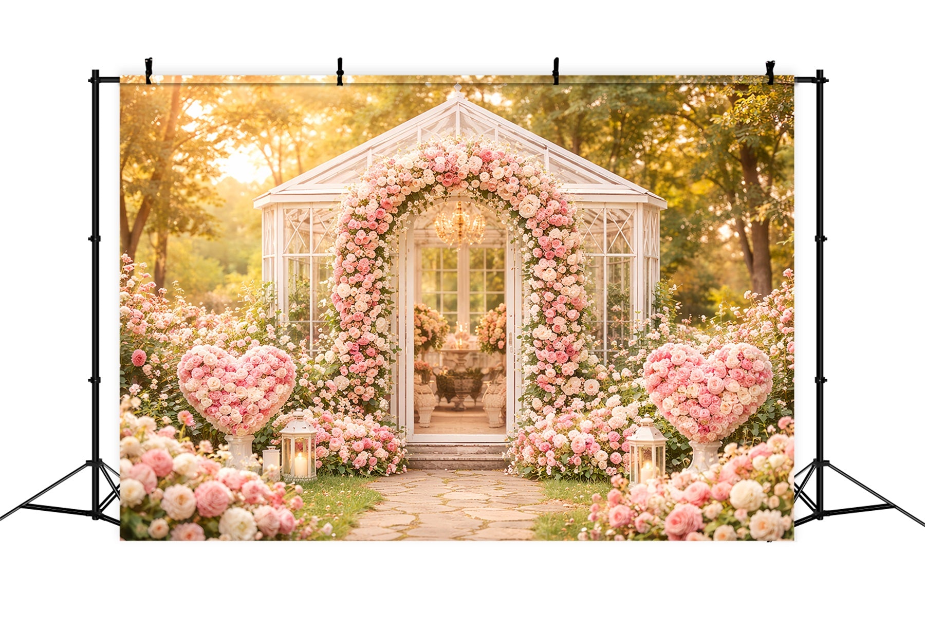 Floral Arch Valentine's Day Backdrop Garden Pavilion Pink Roses Love Backdrops LXX512-77