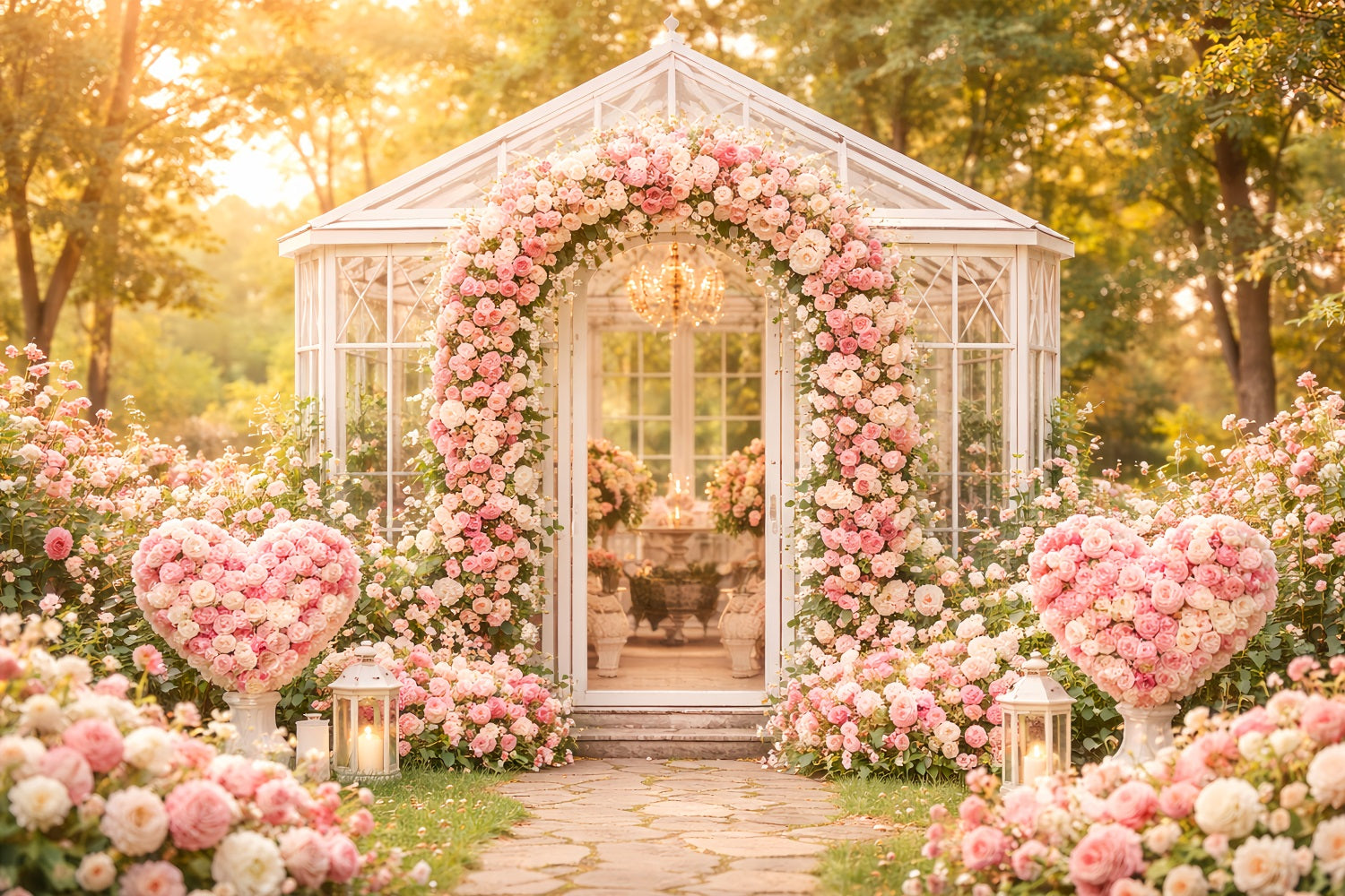 Floral Arch Valentine's Day Backdrop Garden Pavilion Pink Roses Love Backdrops LXX512-77