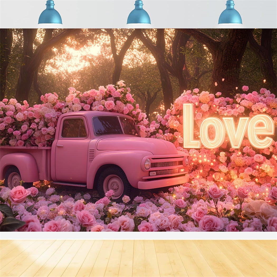 Pink Valentine Backdrop Rose Vintage Love Truck Romantic Backdrop LXX512-79