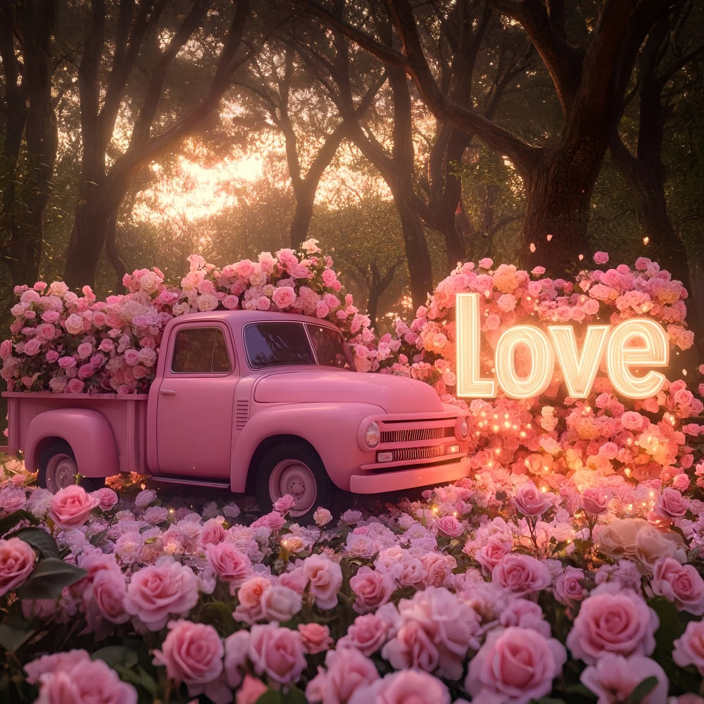 Pink Valentine Backdrop Rose Vintage Love Truck Romantic Backdrop LXX512-79
