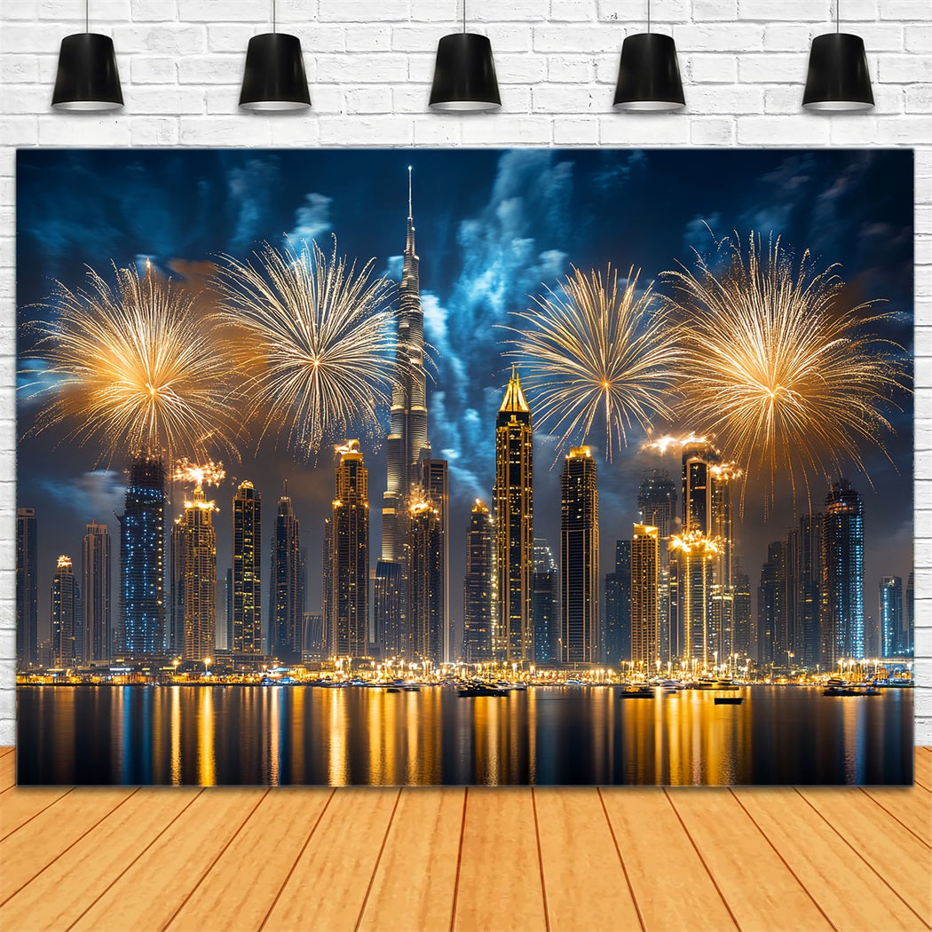 New Year Backdrop Ideas Golden Fireworks City Skyline Cityscape Photo Backdrop LXX512-8