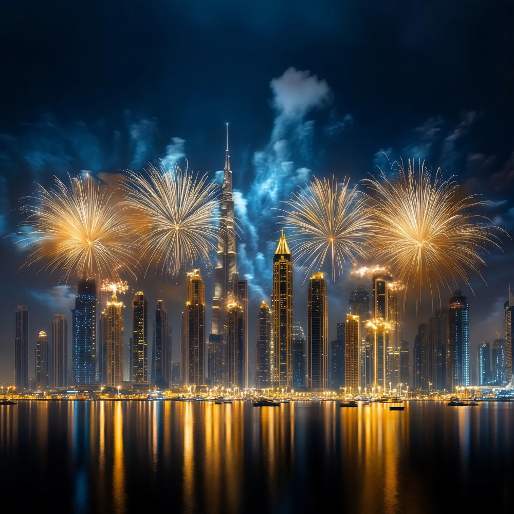 New Year Backdrop Ideas Golden Fireworks City Skyline Cityscape Photo Backdrop LXX512-8