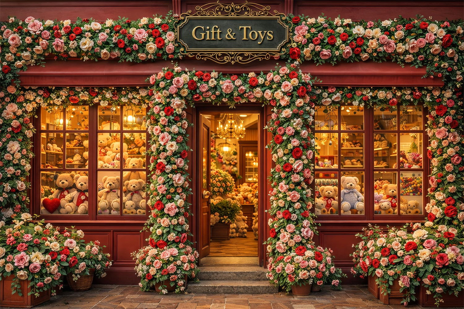 Teddy Bears Valentine Backdrop Floral Gift Shop Rose Romantic Backdrop LXX512-81