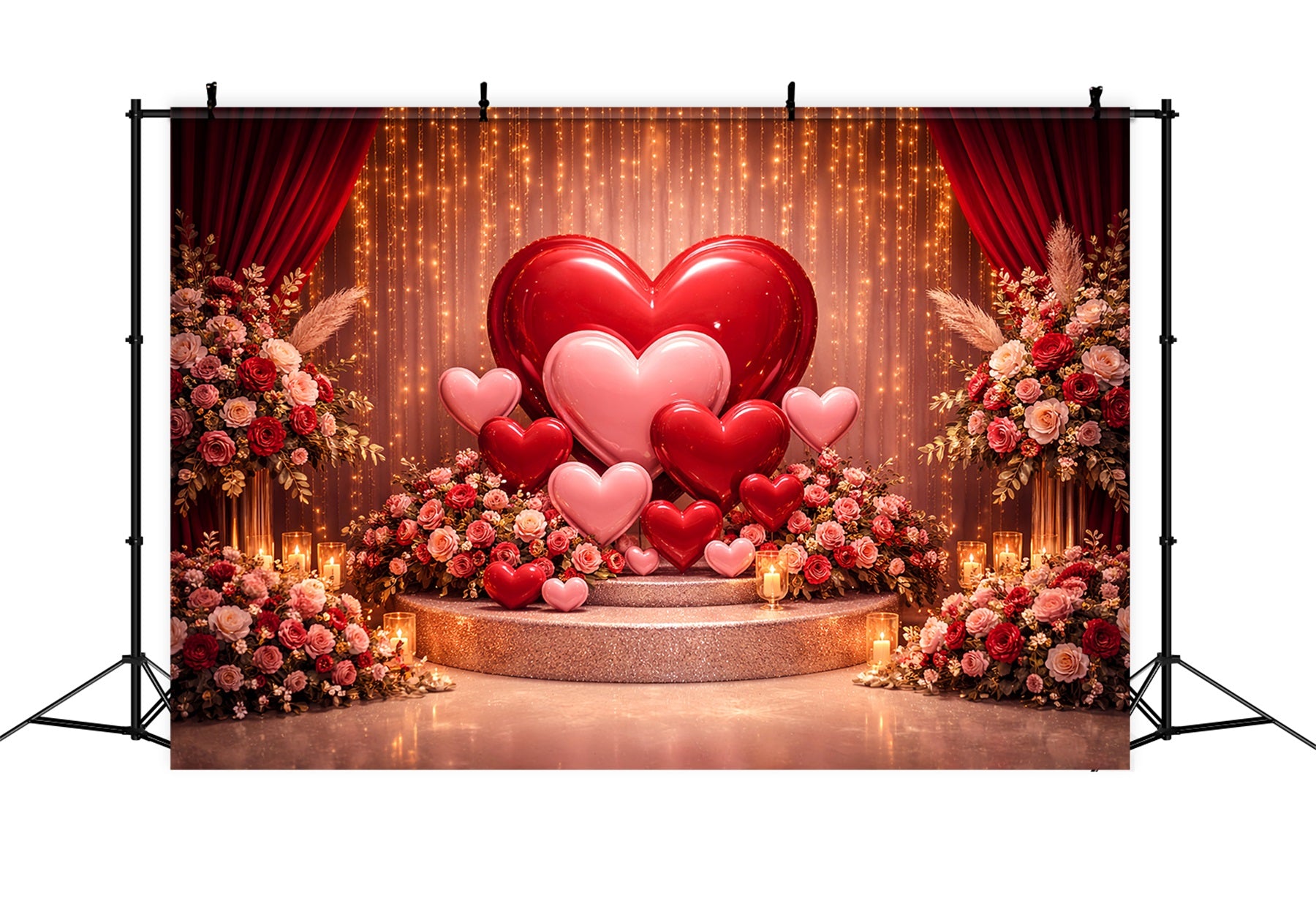 Hearts Backdrop Golden Curtain Balloon Stage Boho Floral Valentine Backdrop LXX512-82