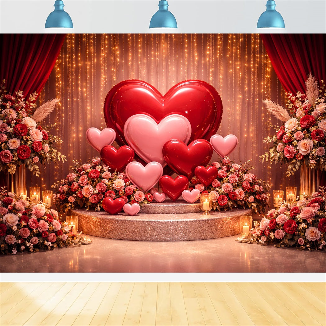 Hearts Backdrop Golden Curtain Balloon Stage Boho Floral Valentine Backdrop LXX512-82