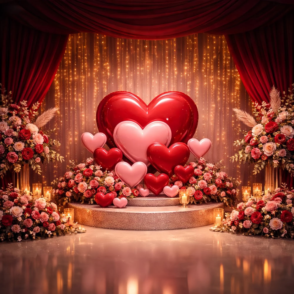 Hearts Backdrop Golden Curtain Balloon Stage Boho Floral Valentine Backdrop LXX512-82