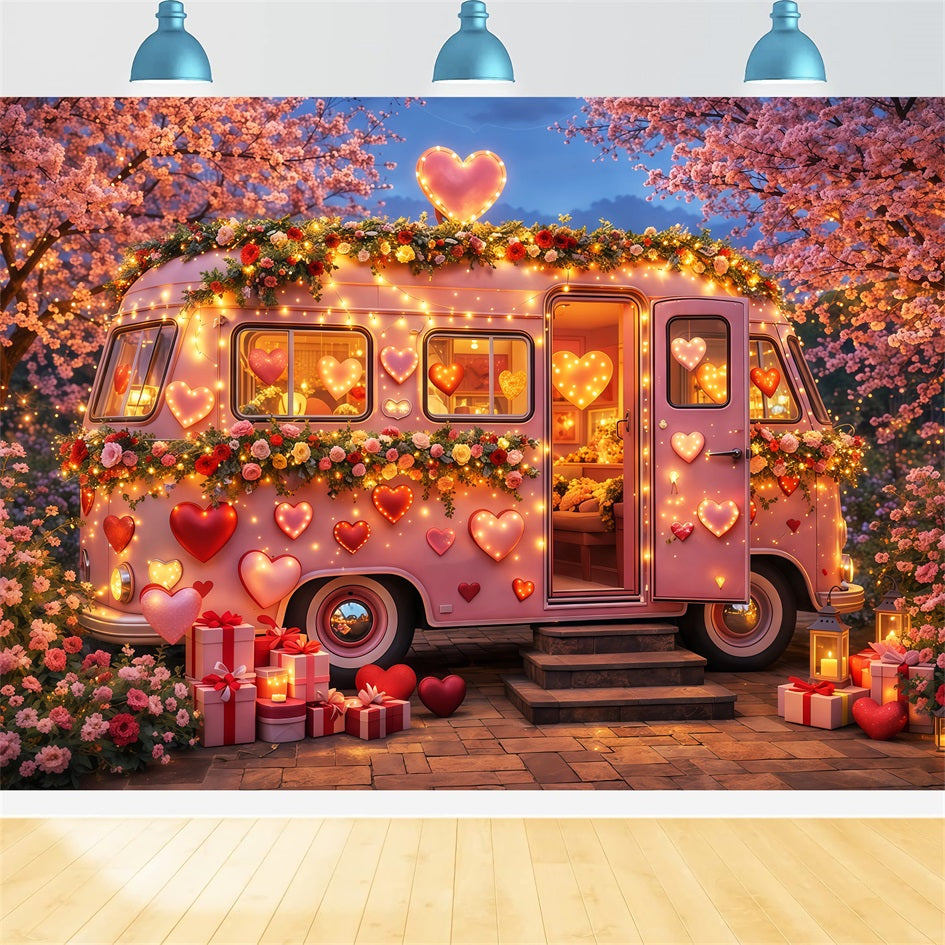 Pink Heart Backdrop Camper Blossom Neon Lights Romantic Backdrops LXX512-83