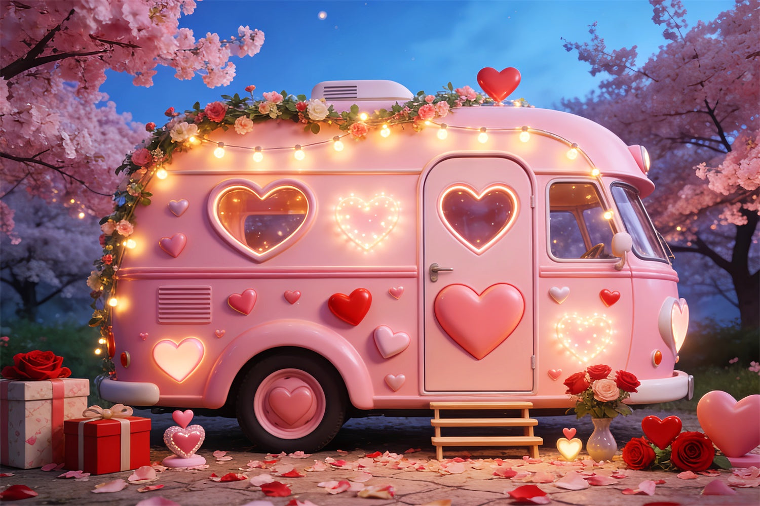 Romantic Backdrops Camper Glow Gift Boxes Pink Heart Backdrop LXX512-84