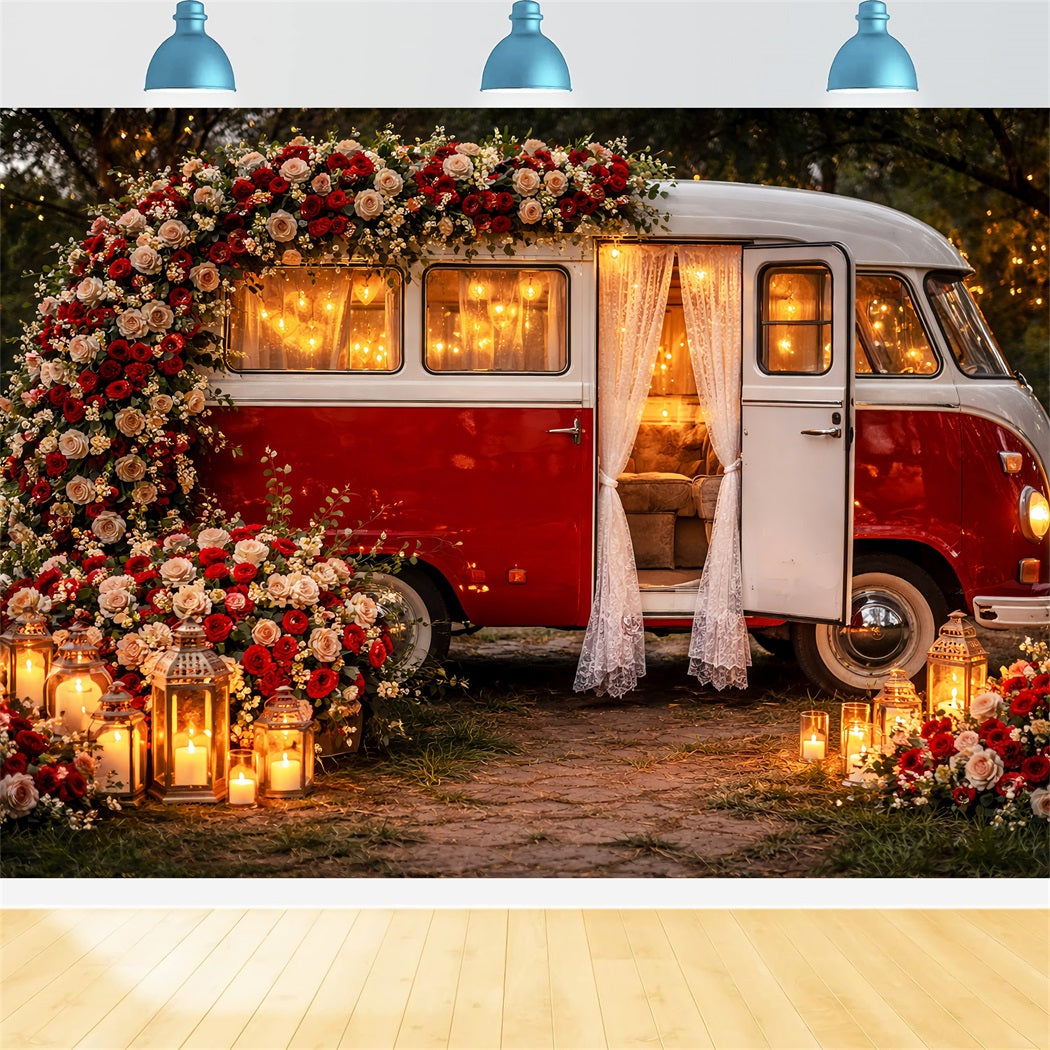 Red Rose Backdrop Vintage Lantern Camper Romance Glitter Valentine Backdrop LXX512-85