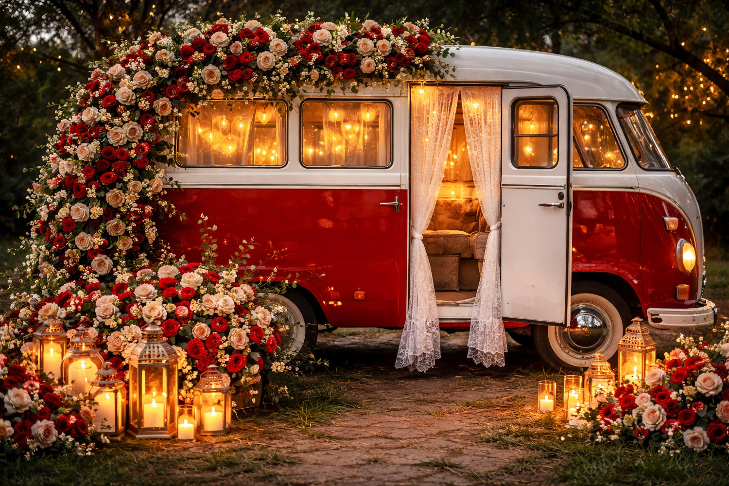 Red Rose Backdrop Vintage Lantern Camper Romance Glitter Valentine Backdrop LXX512-85