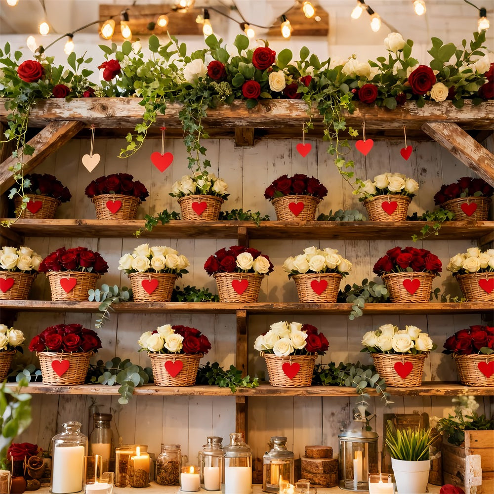 Simple Valentine Backdrop Rustic Floral Basket Wall Red Roses Backdrop LXX512-86