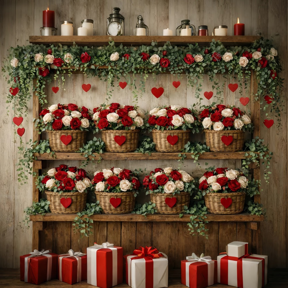 Red Roses Backdrop Rustic Farmhouse Floral Wall Simple Valentine Backdrop LXX512-87
