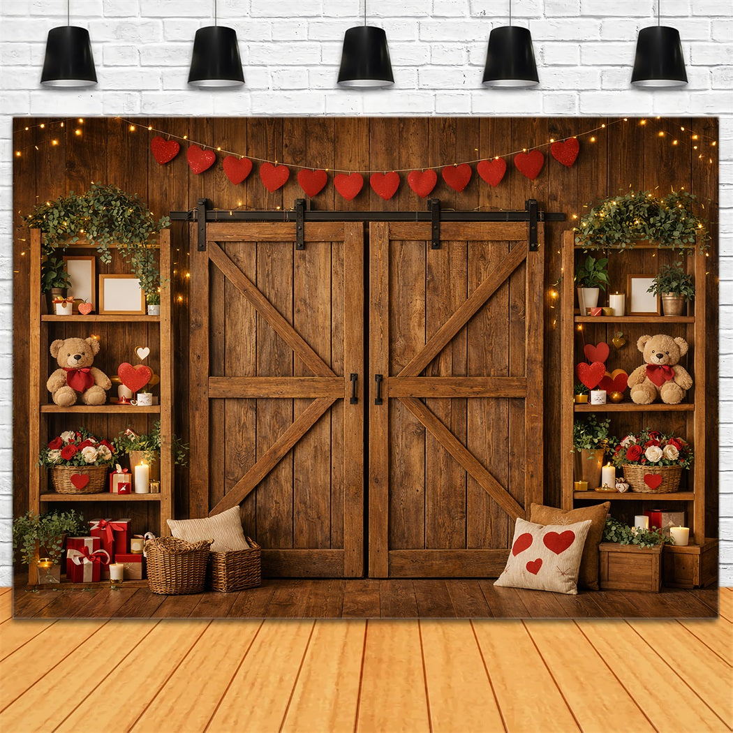 Heart Garland Backdrop Wooden Barn Door Teddy Bears Valentine's Day Backdrop LXX512-89