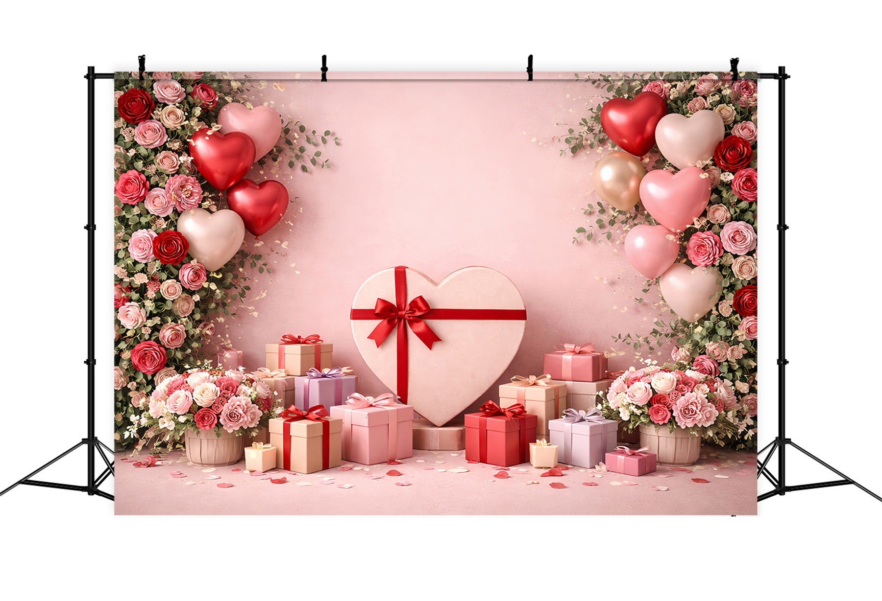 Pink Valentine Backdrop Heart Balloons Gift Boxes Love Backdrops LXX512-90