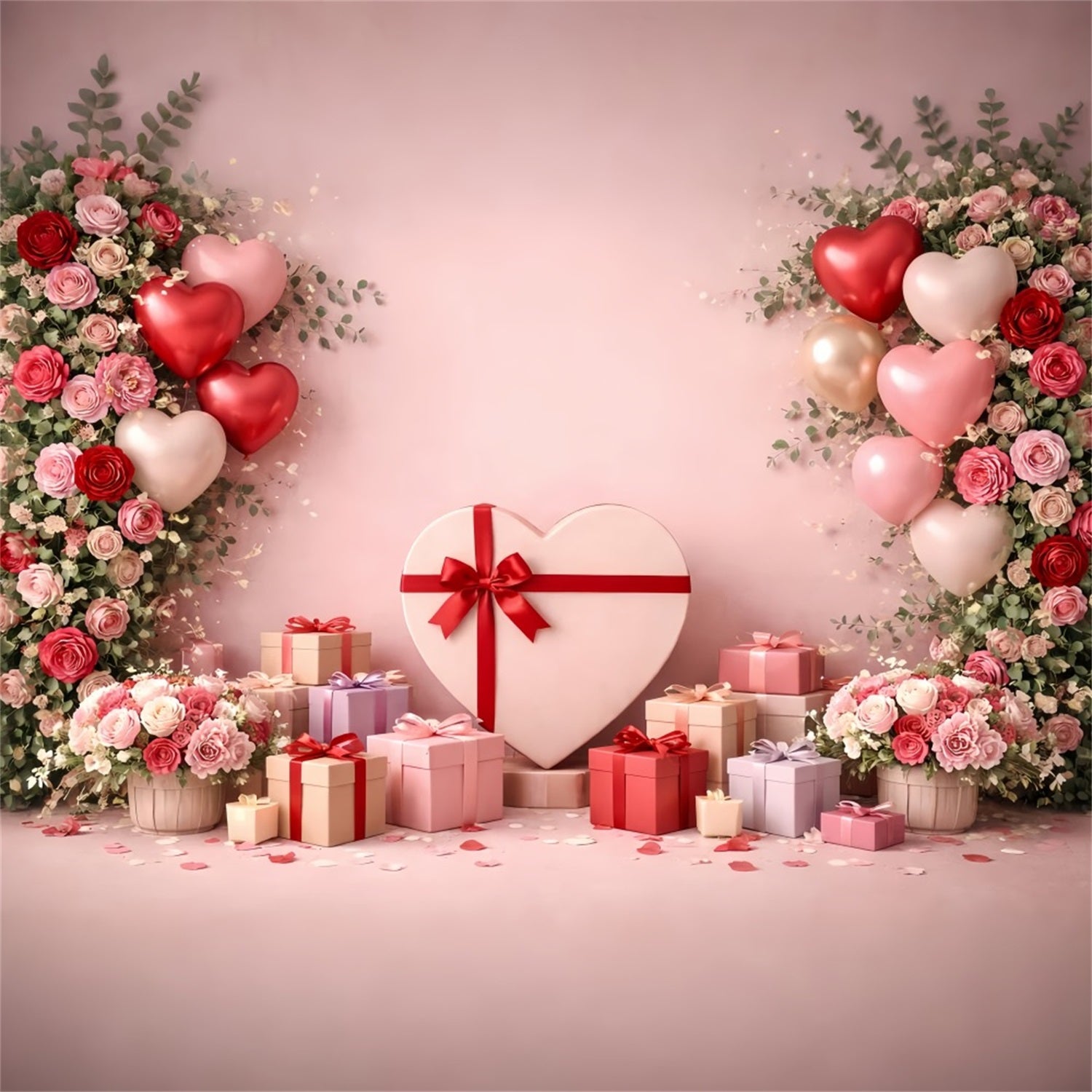Pink Valentine Backdrop Heart Balloons Gift Boxes Love Backdrops LXX512-90