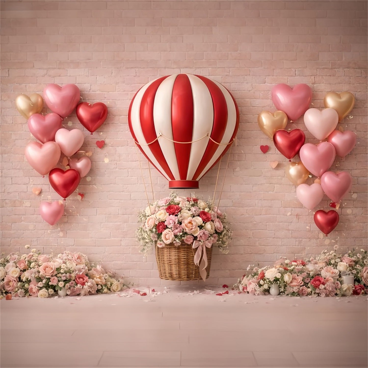 Heart Balloon Backdrop Brick Wall Romantic Roses Pink Valentine Backdrop LXX512-91