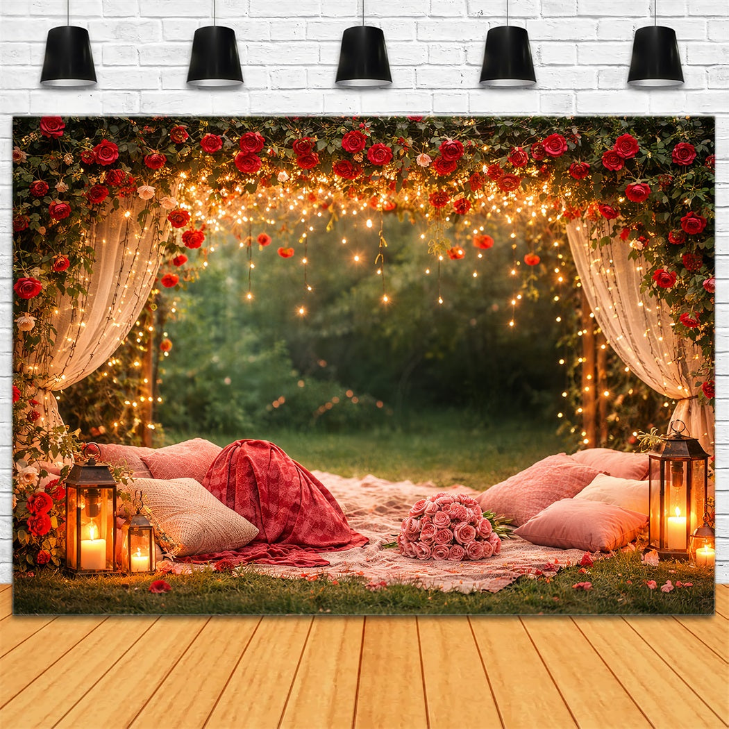 Red Rose Backdrop Twinkle Draped Canopy Floral Arch Valentine's Day Backdrop LXX512-93