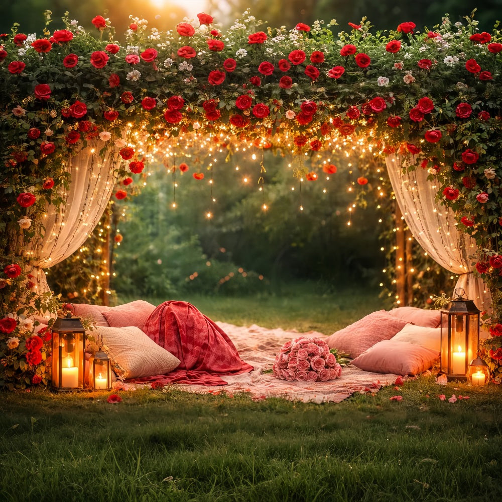 Red Rose Backdrop Twinkle Draped Canopy Floral Arch Valentine's Day Backdrop LXX512-93