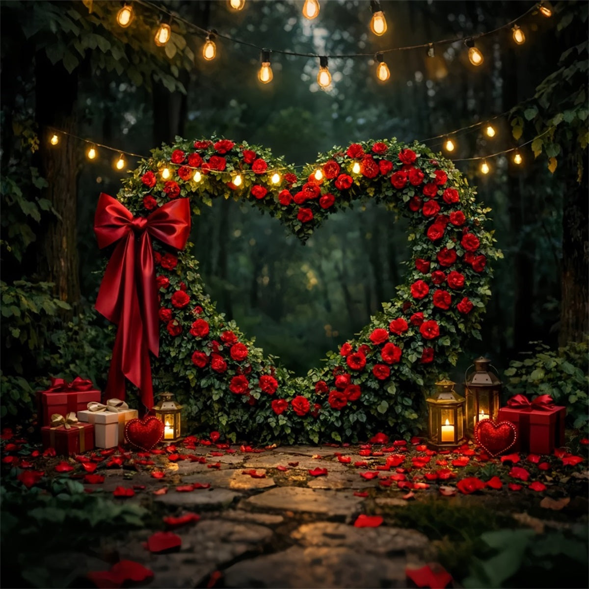 Red Rose Heart Backdrop Forest Flower Archway Gift Box Valentine Backdrop LXX512-96