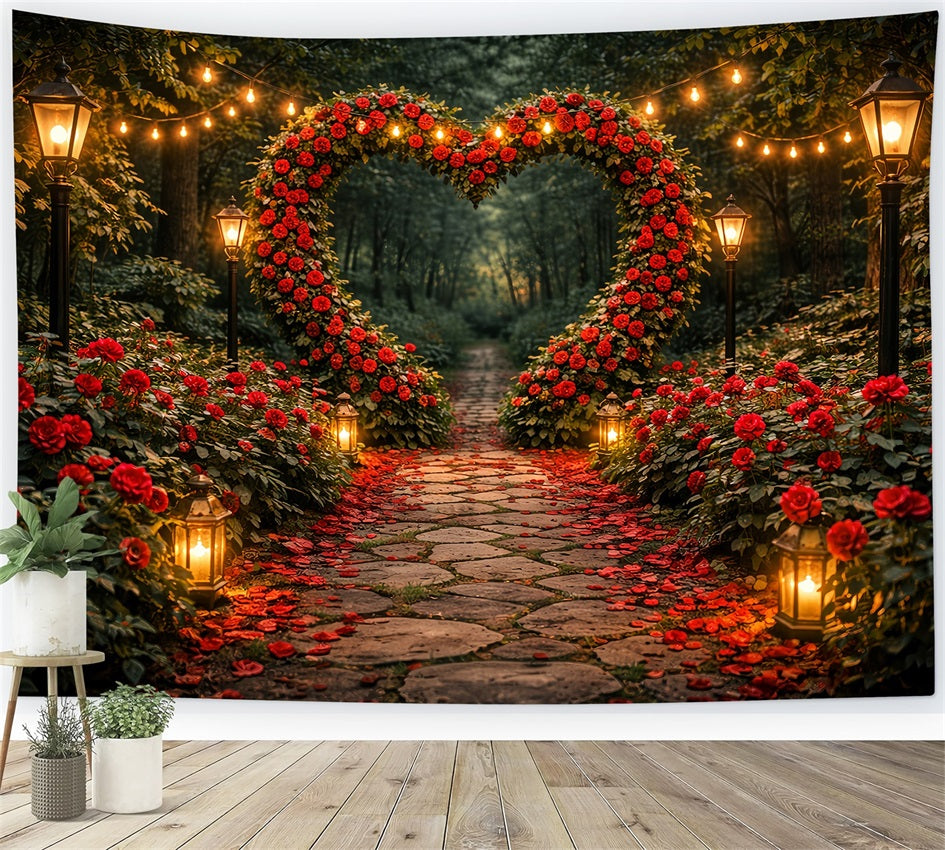 Red Rose Backdrop Garden Lantern Heart Pathway Floral Arch Valentine Backdrop LXX512-97